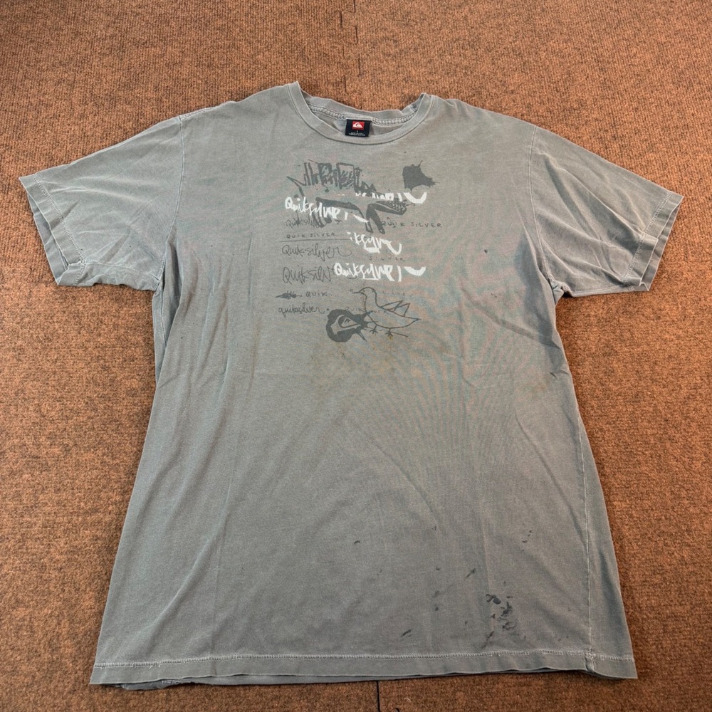 Quiksilver Graphic T-Shirt Mens Large Gray Distressed Surf Skate Made in USA L